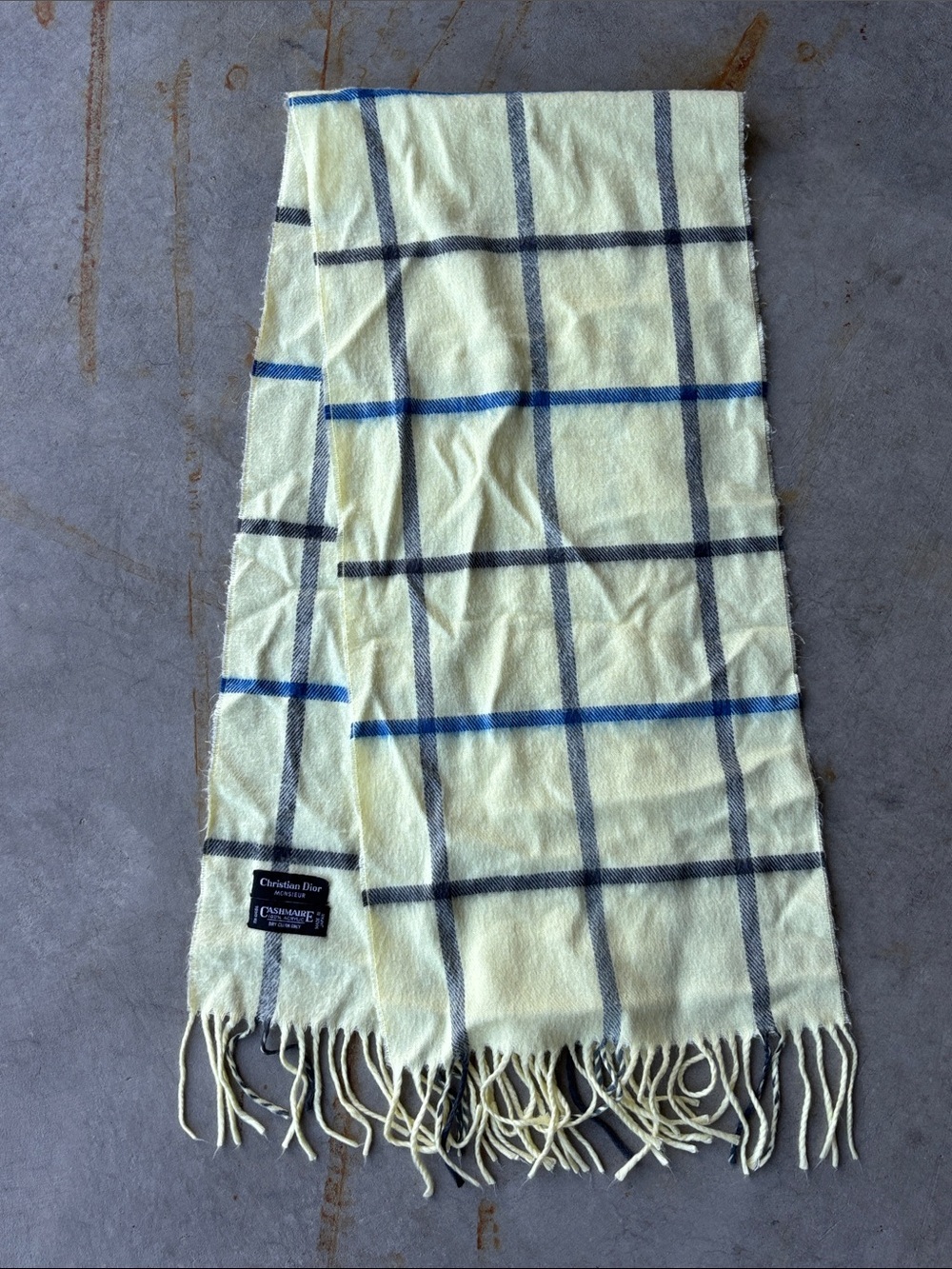 Vintage Christian Dior Monsieur Butter Yellow Scarf Made in Japan Plaid Fringe - Picture 3 of 5